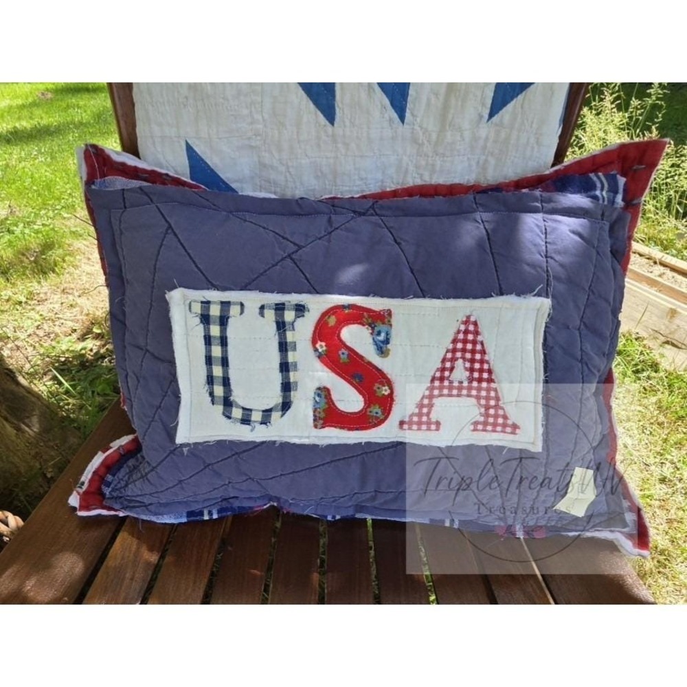 Vintage Quilt Americana USA Accent Pillow | Handmade Patriotic Throw Pillow E